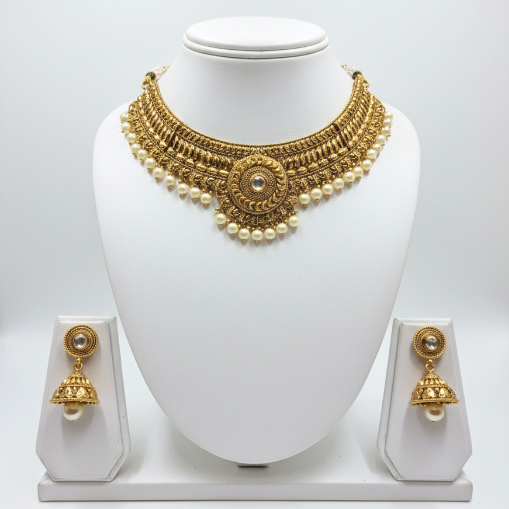 Gold Plated Choker Necklace With White Pearls