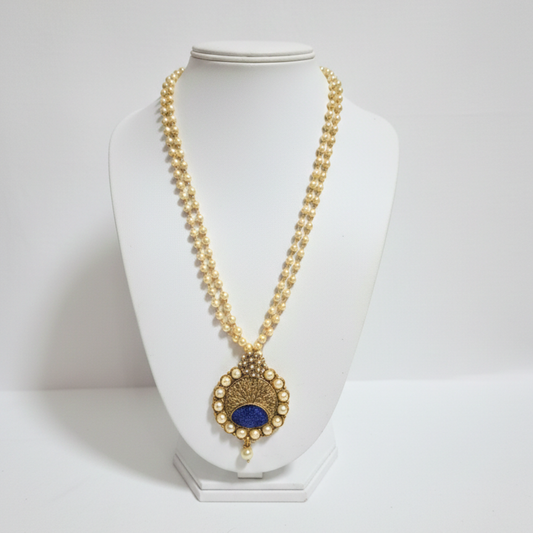 Pearls with Blue Stone Pendant Chain Necklace