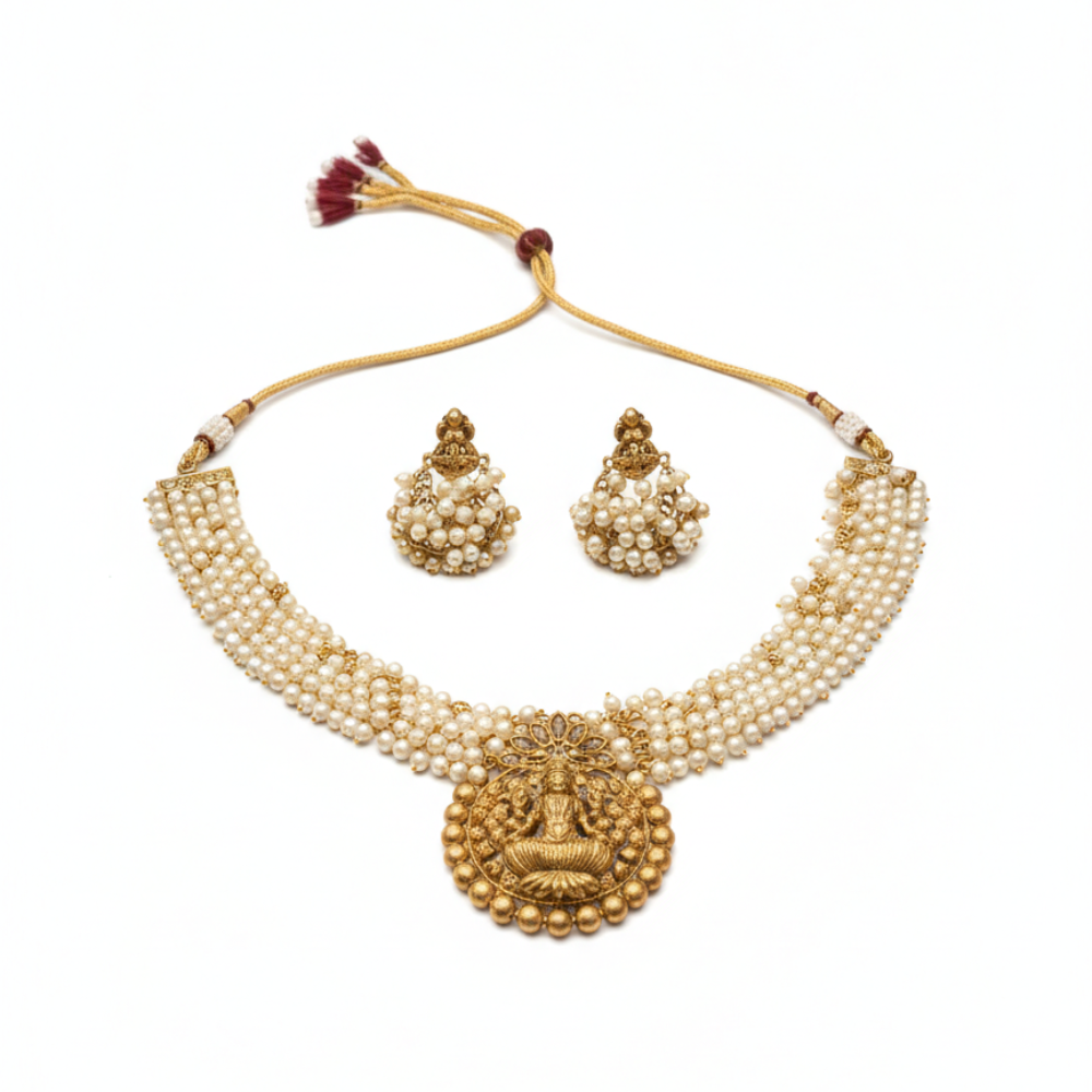 Pearl Close Neck Choker With Lakshmi Dollar