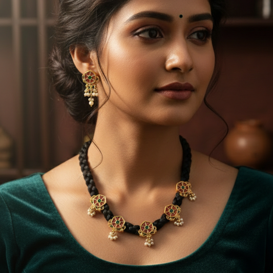 Black Thread Necklace with Red and Green Stones