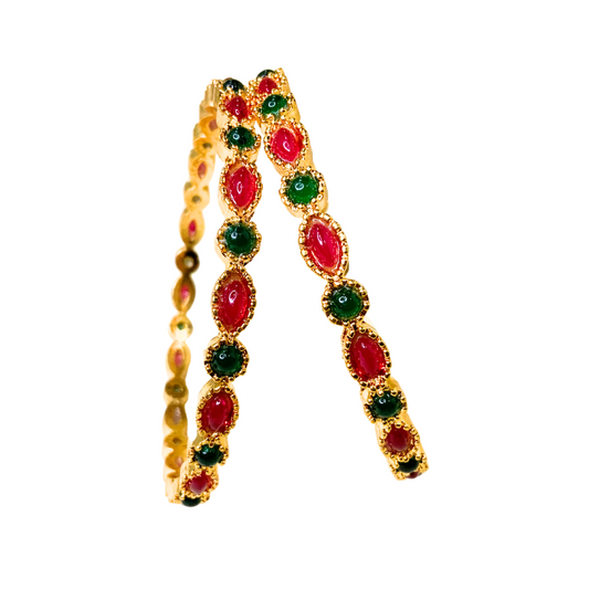 Gold Plated Kemp Bangles With Round Red And Green Stones