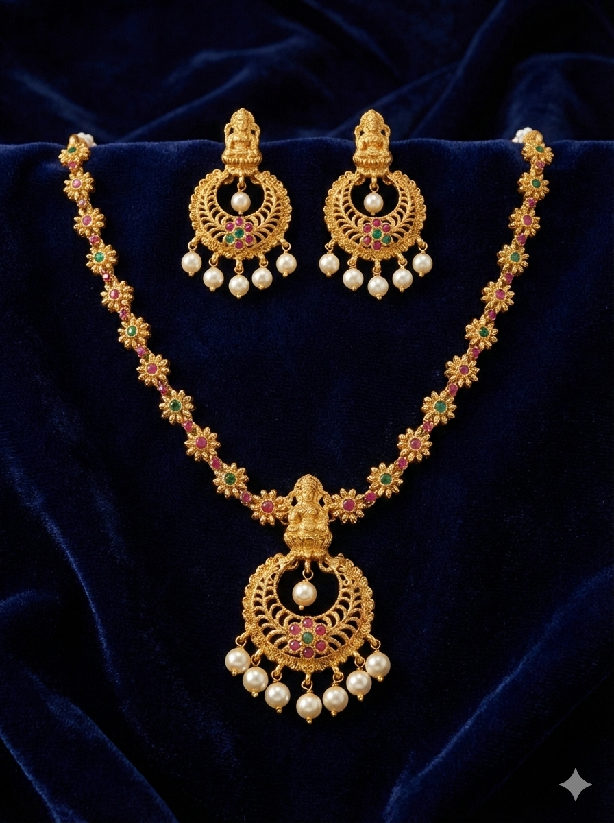 Small Flower And Pearls Necklace with Chandbali Earrings