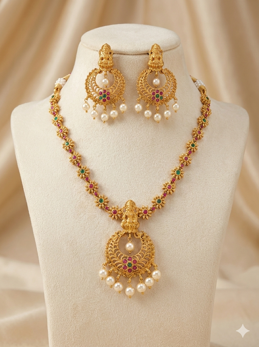 Small Flower And Pearls Necklace with Chandbali Earrings