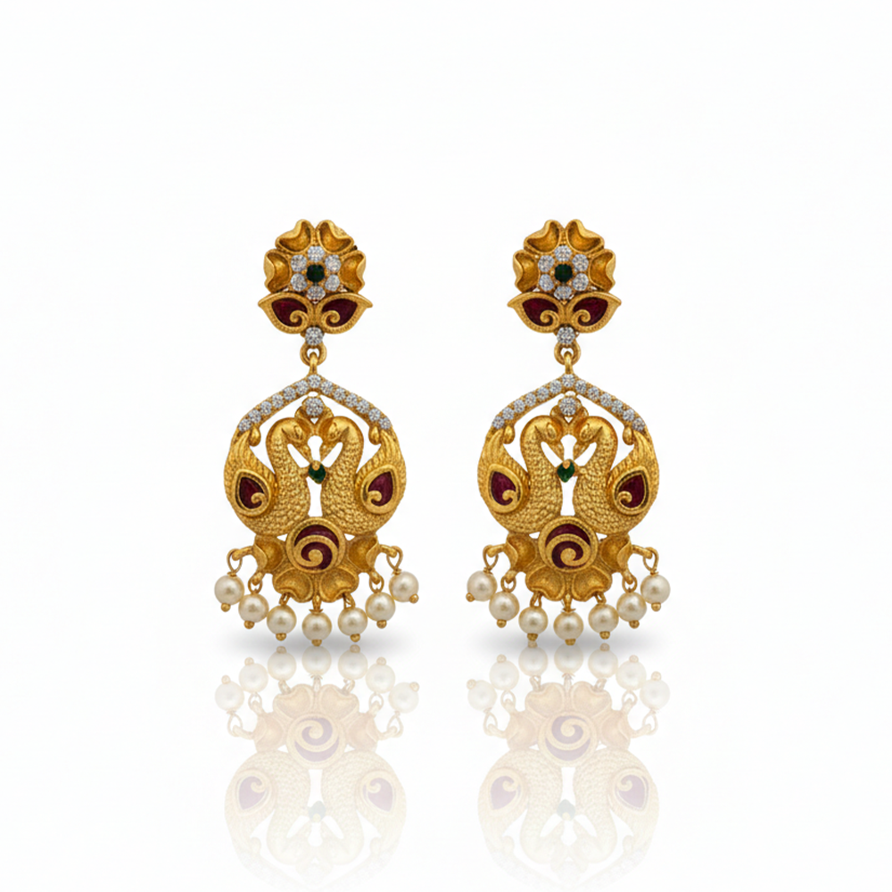 Double Peacock Model Chandbali with Hanging Pearls