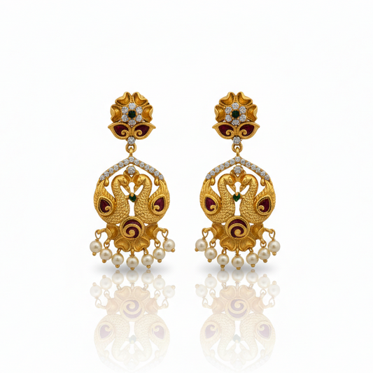 Double Peacock Model Chandbali with Hanging Pearls