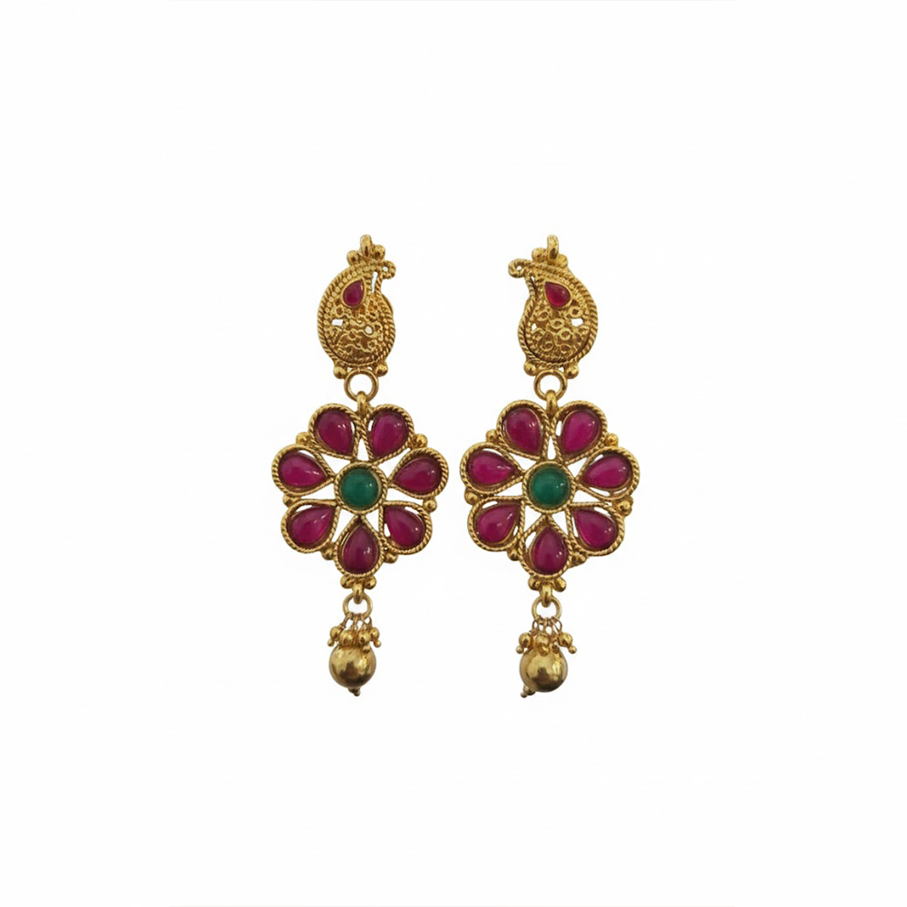 Manga Stud Red & Green Stones Hanging Earrings