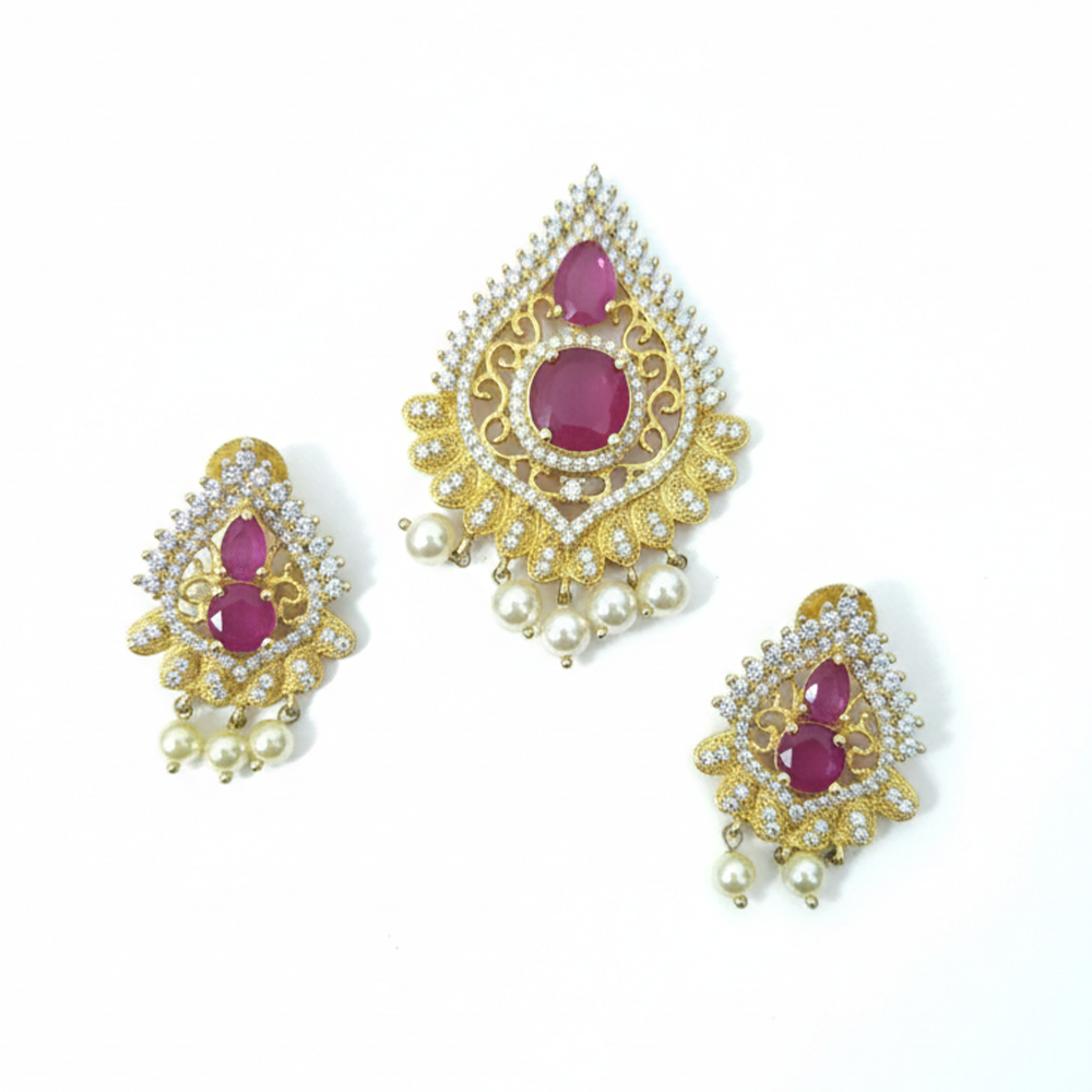 White and Red Stones Pearl Hanging Pendant with Earrings