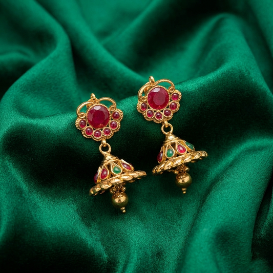 Red Stones Stud with Red & Green Jhumka