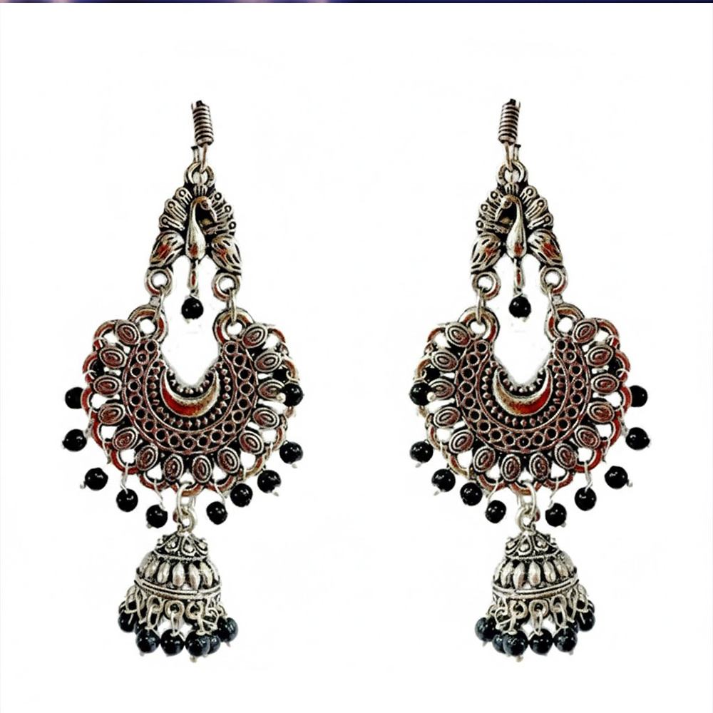 Peacock hanging Chandbalis with Black Beads Jhumkas