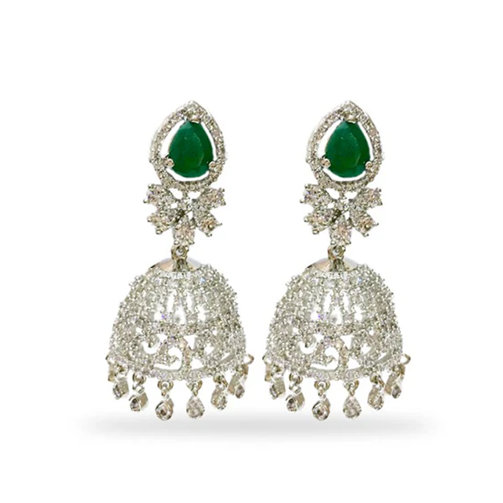 Silver Jhumkas With White And Green Stone