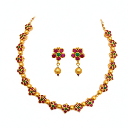 Red & Green Floral Design Necklace with Hanging Bead