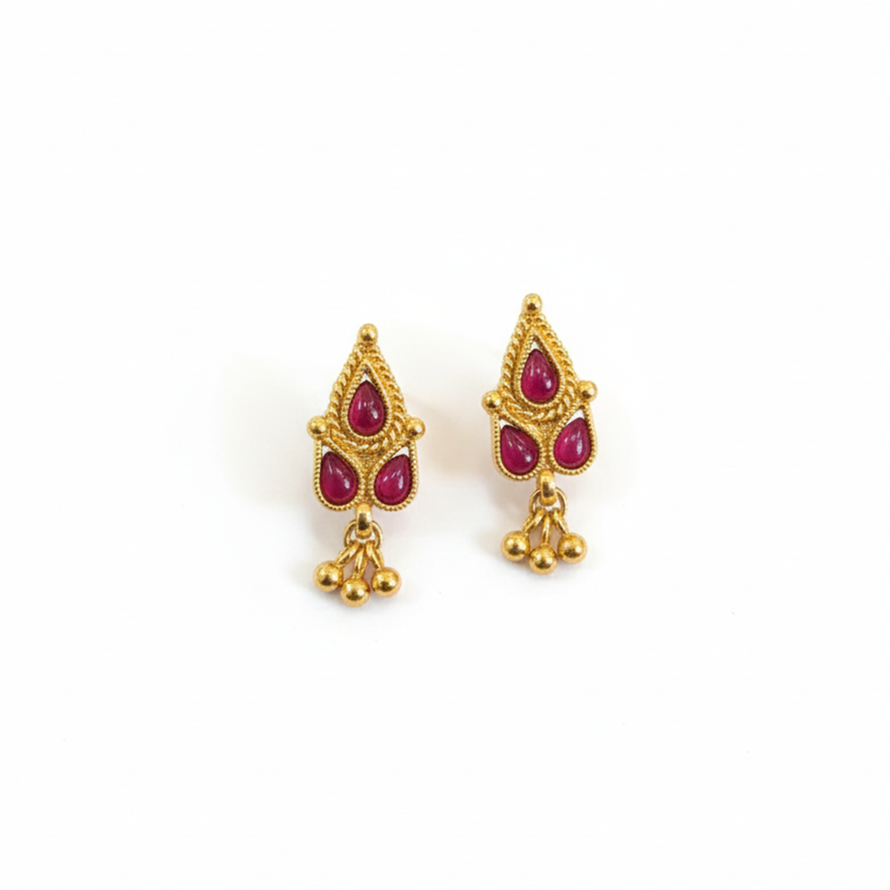 Red Kemp Stone Studs with Hanging Golden Beads