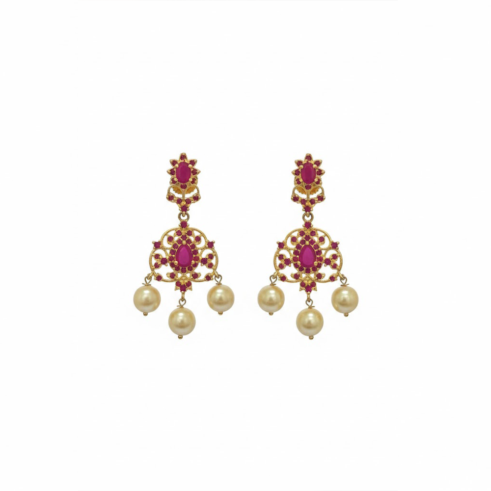 Ruby Stones Pearl Hanging Earrings