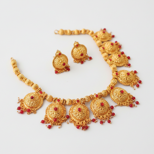 Series of Small Rounds Necklace with Red Beads