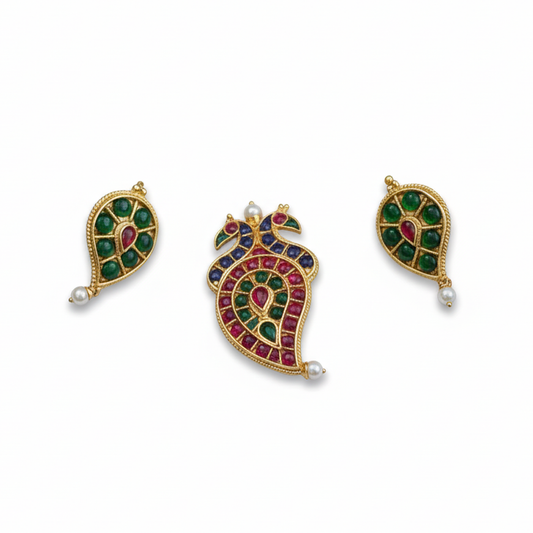 Double Peacock Pendant With Earrings - Blue, Green and Red