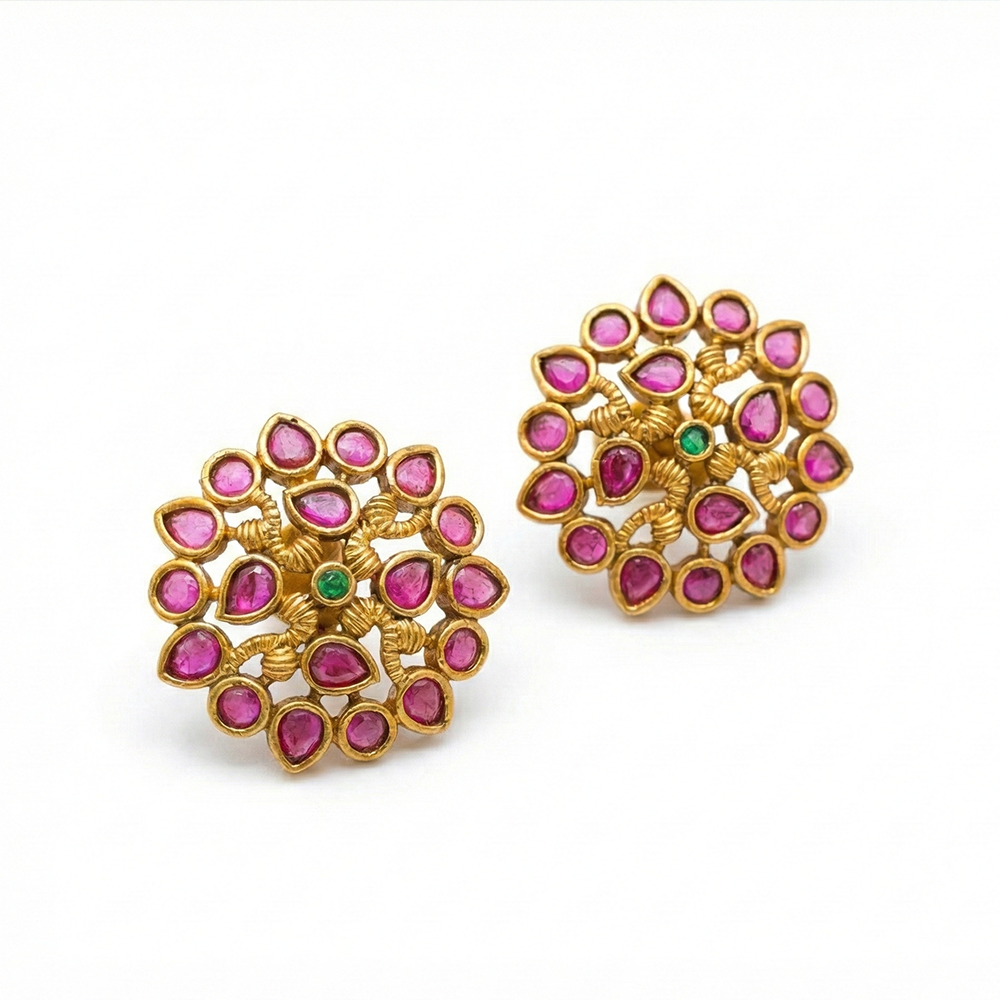 Antique Leaf Pattern Red Stones Studs