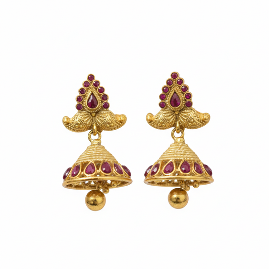 Manga Pattern Red Stone Jhumka with Hanging Beads