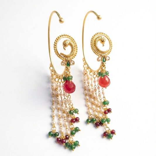 Pearls, Red & Green Beads Hanging Ear Cuff