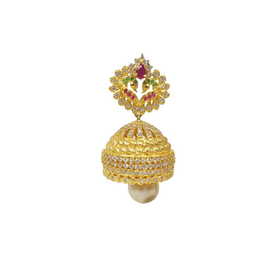 Golden Peacock Jhumka With Green pink & White Stones