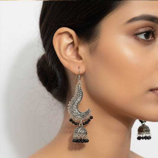 Oxidised Swirl Pattern Box Jhumka Hangings