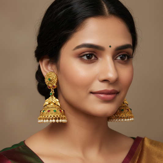Gold Plated Jhumka With Red And Green Stone