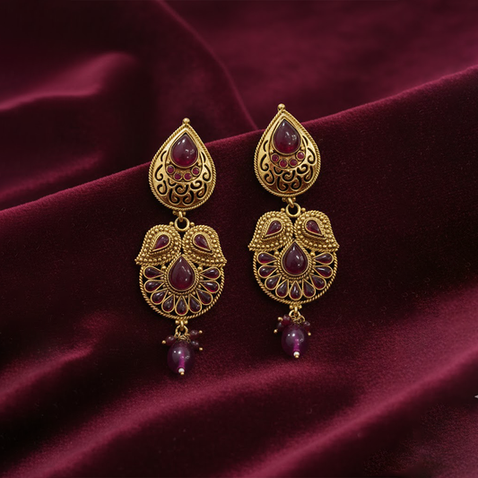 Kemp Stone Long Hanging Leaf Pattern Earrings
