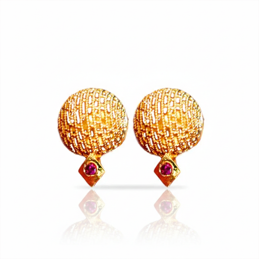 Unique Pattern Ball Stud with Red Stone