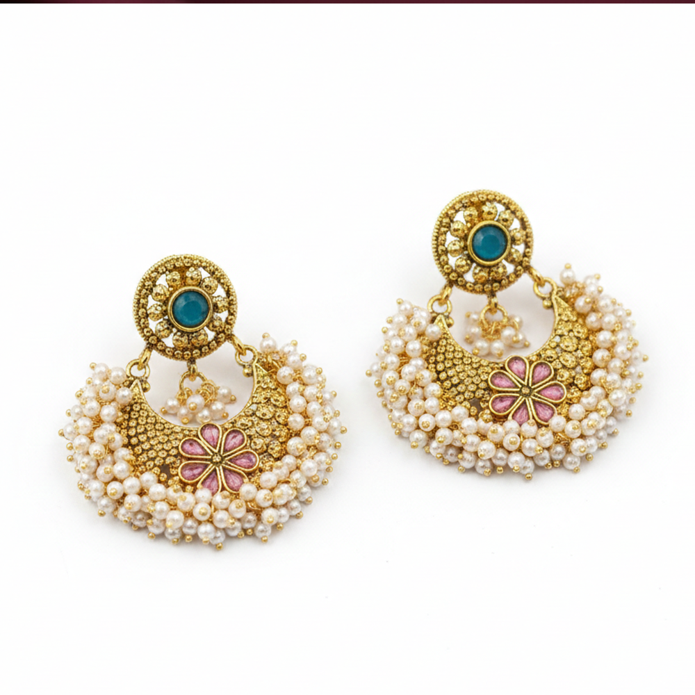 Hanging Pearls Red & Green Stones Chandbali