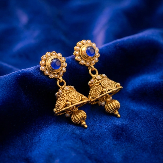 Blue Stone Gold Plated Jhumka with Hanging Beads