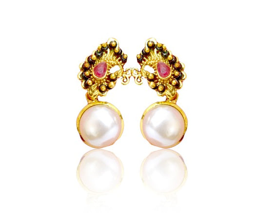 Peacock Earring with Green and Pink Pearls Studs