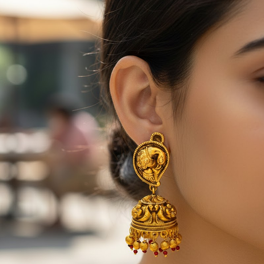 Gold Plated Jhumkas With Golden Peacock And Beads