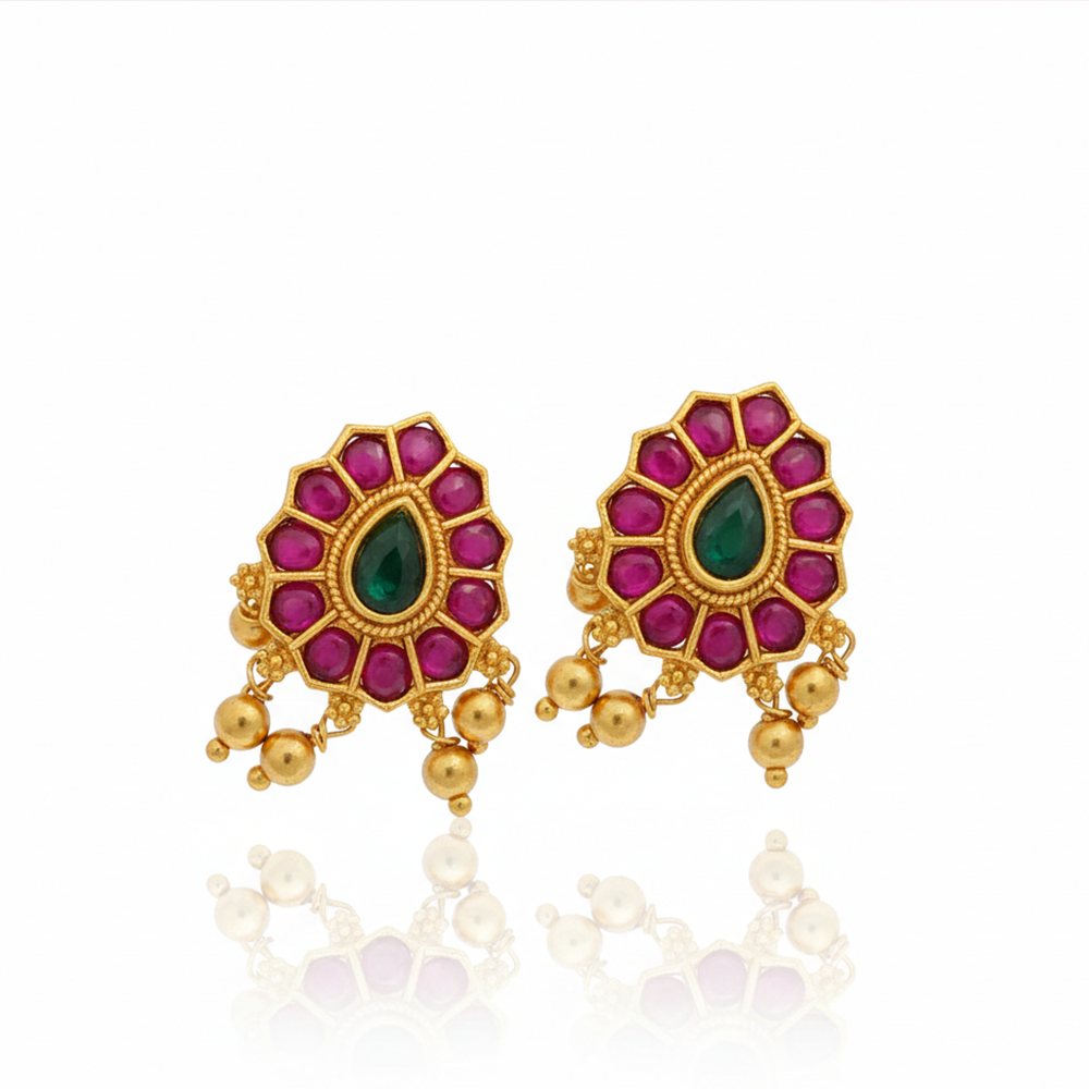 Red and Green Stones Hanging Balls Studs