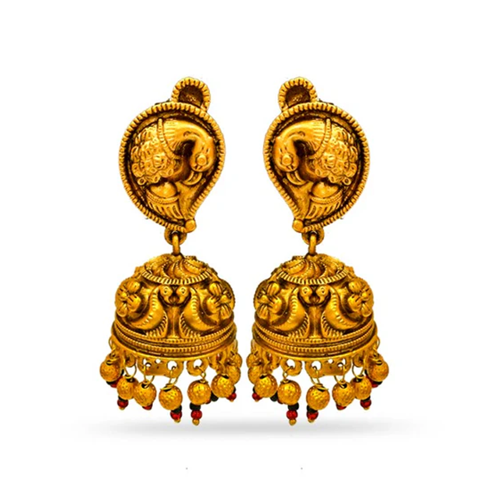 Gold Plated Jhumkas With Golden Peacock And Beads