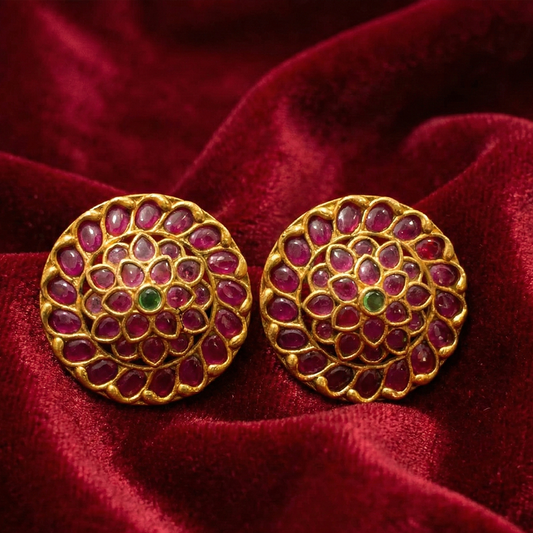 Gold Plated Round Stud With Red Stones