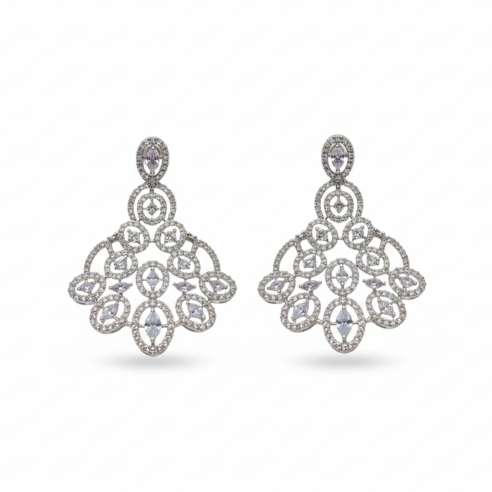 Silver Petal Pattern Chandbali With White Stones