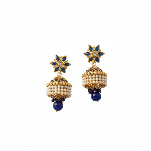 Beautiful Flower Jhumka With Blue Stones