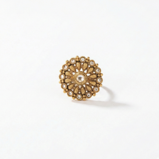 Kolam pattern Round Finger Ring with White Stones