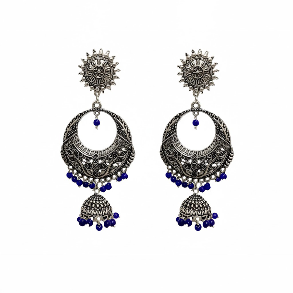 Oxidised Round Chandbali with Hanging Blue Pearl Jhumkas