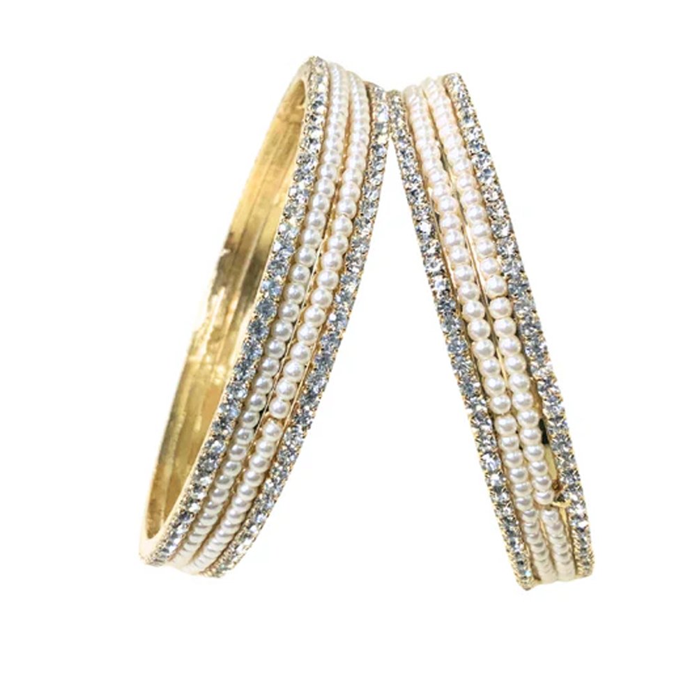 Gold Plated Pearl Bangles With White Stones