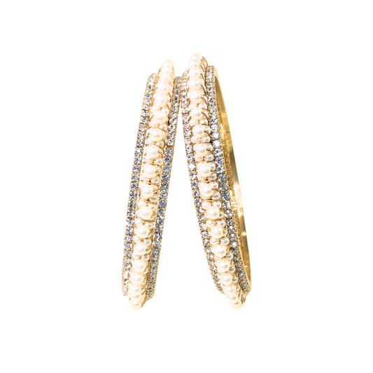 Gold Plated Pearl Bangles With White Stones
