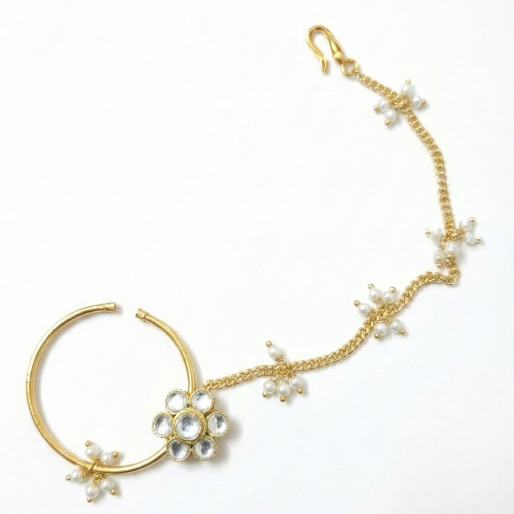Kundan Stone Flower, Hanging Bunch Pearls Nosepin