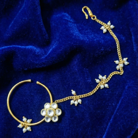 Kundan Stone Flower, Hanging Bunch Pearls Nosepin