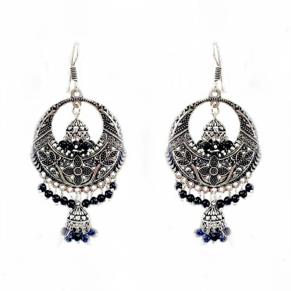 Chandbali Pattern Double Jhumka Oxidised Earrings with Black Beads