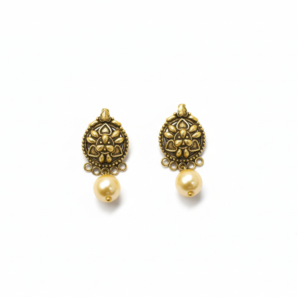 Antique Finish Small Pearl Drops Studs
