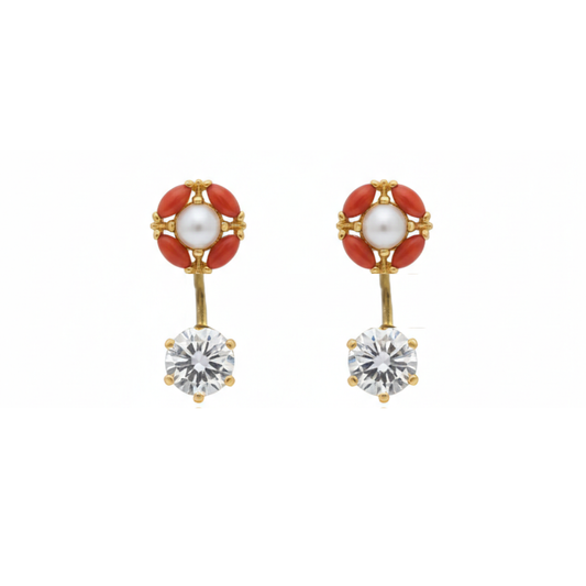 Pavazham Orange with Pearls Flower Studs