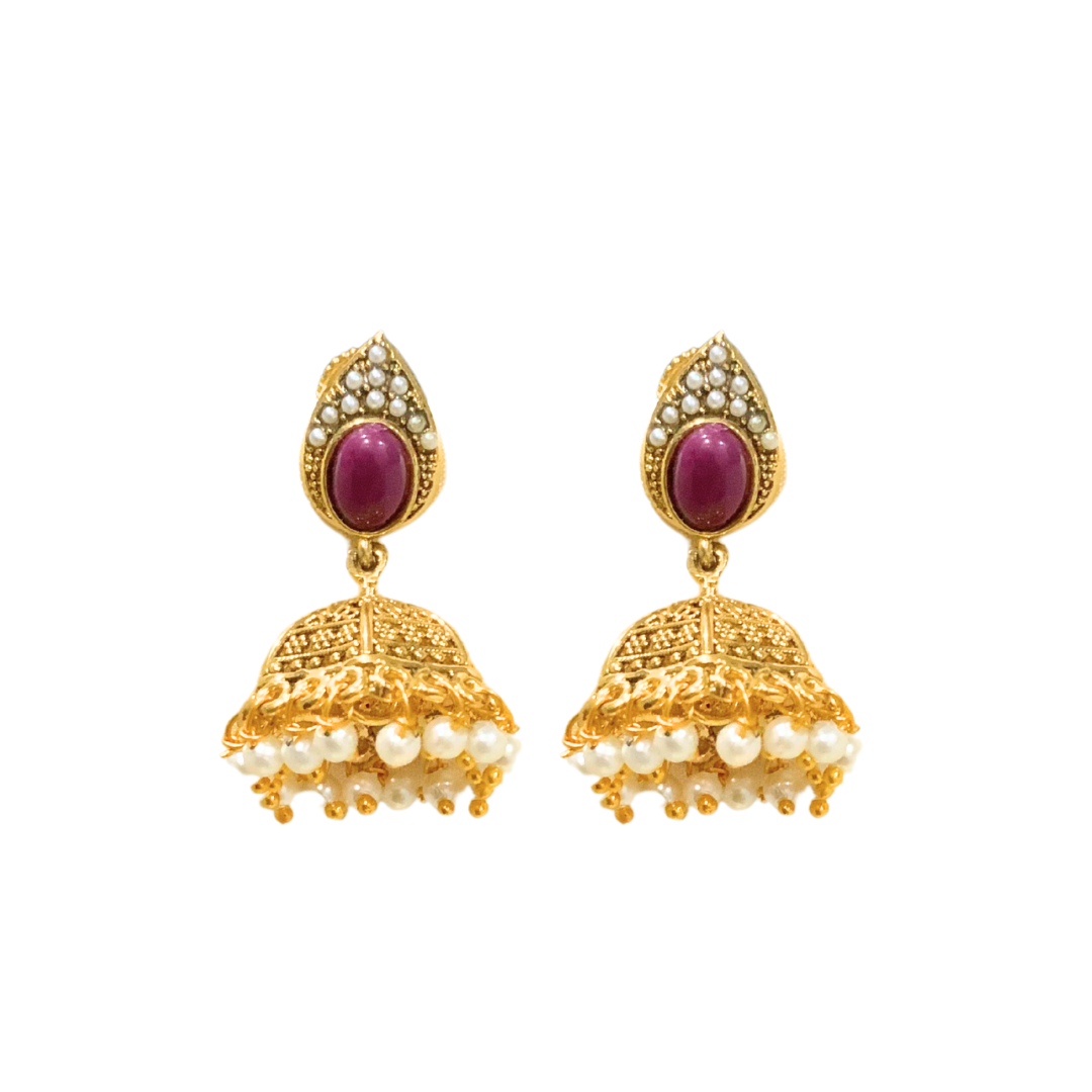Gold plated jhumka with leaf design red stone with white pearls