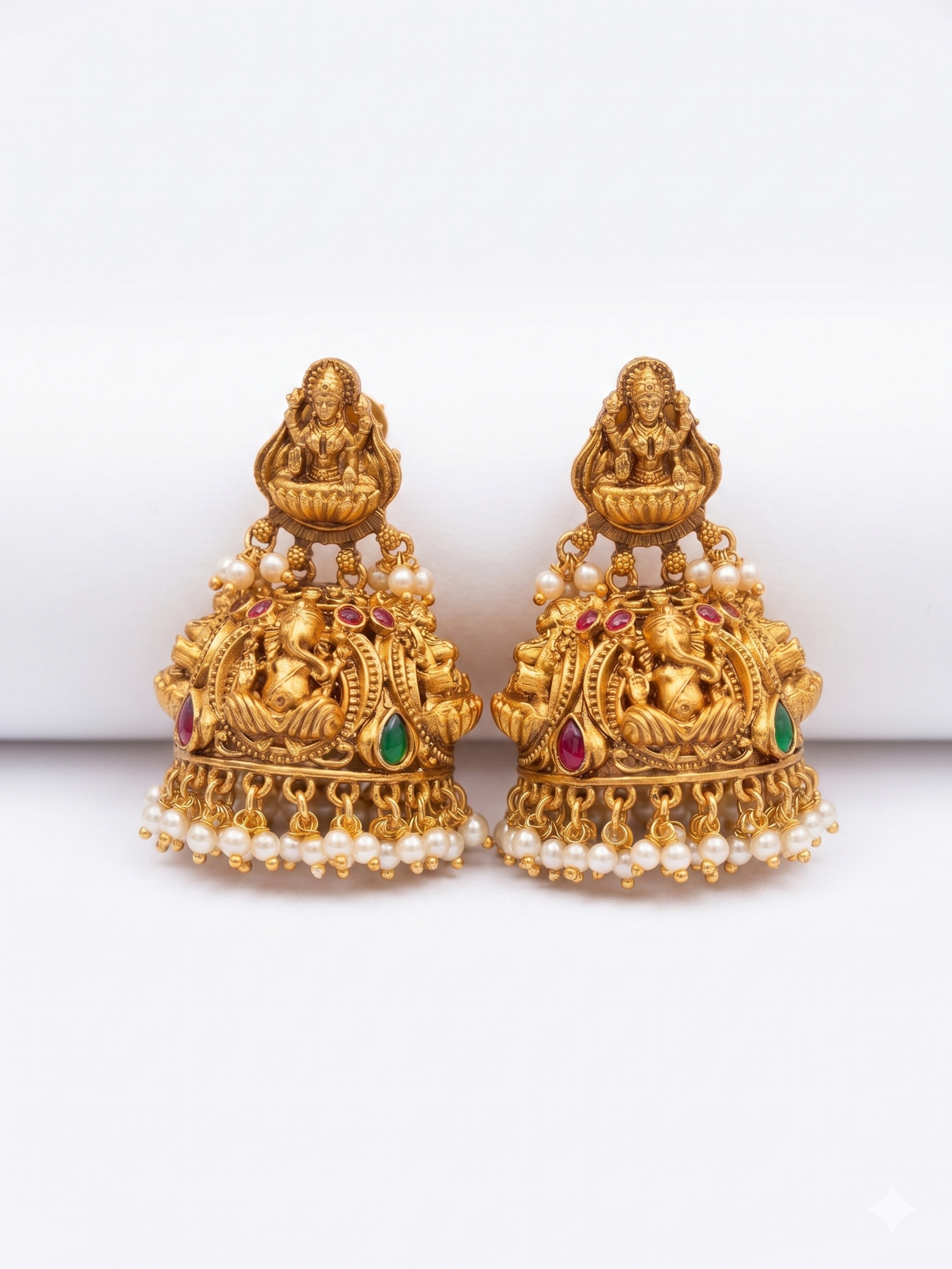 Antique Gold Lakshmi Ganesha Pearl Jhumka Earrings