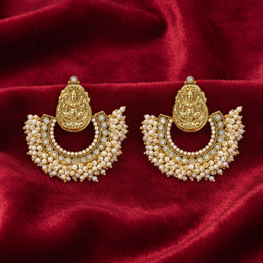 Lakshmi Hanging Pearls Chandbali with Kundan Stones