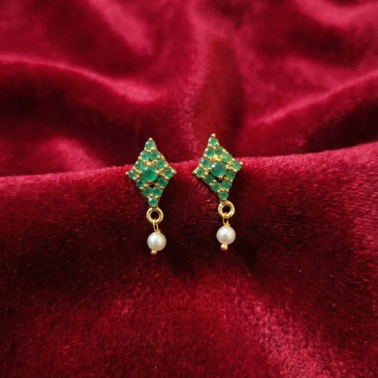 Diamond Shape Green Stones Studs with Hanging Pearls