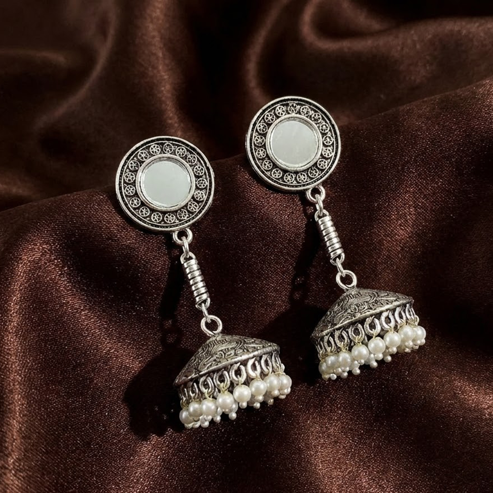 Casual Wear Oxidised Jhumkas with Mirror & Hanging Pearls
